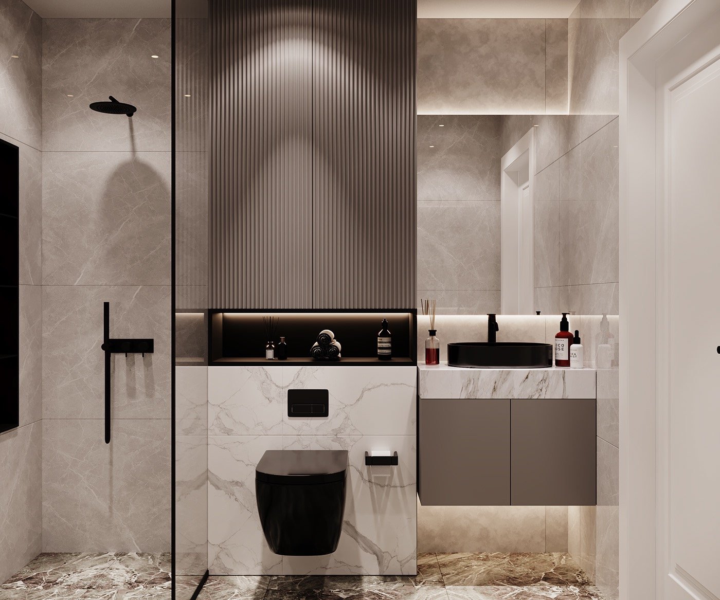 Contemporary bathroom with Calacatta-inspired wall and floor surfaces