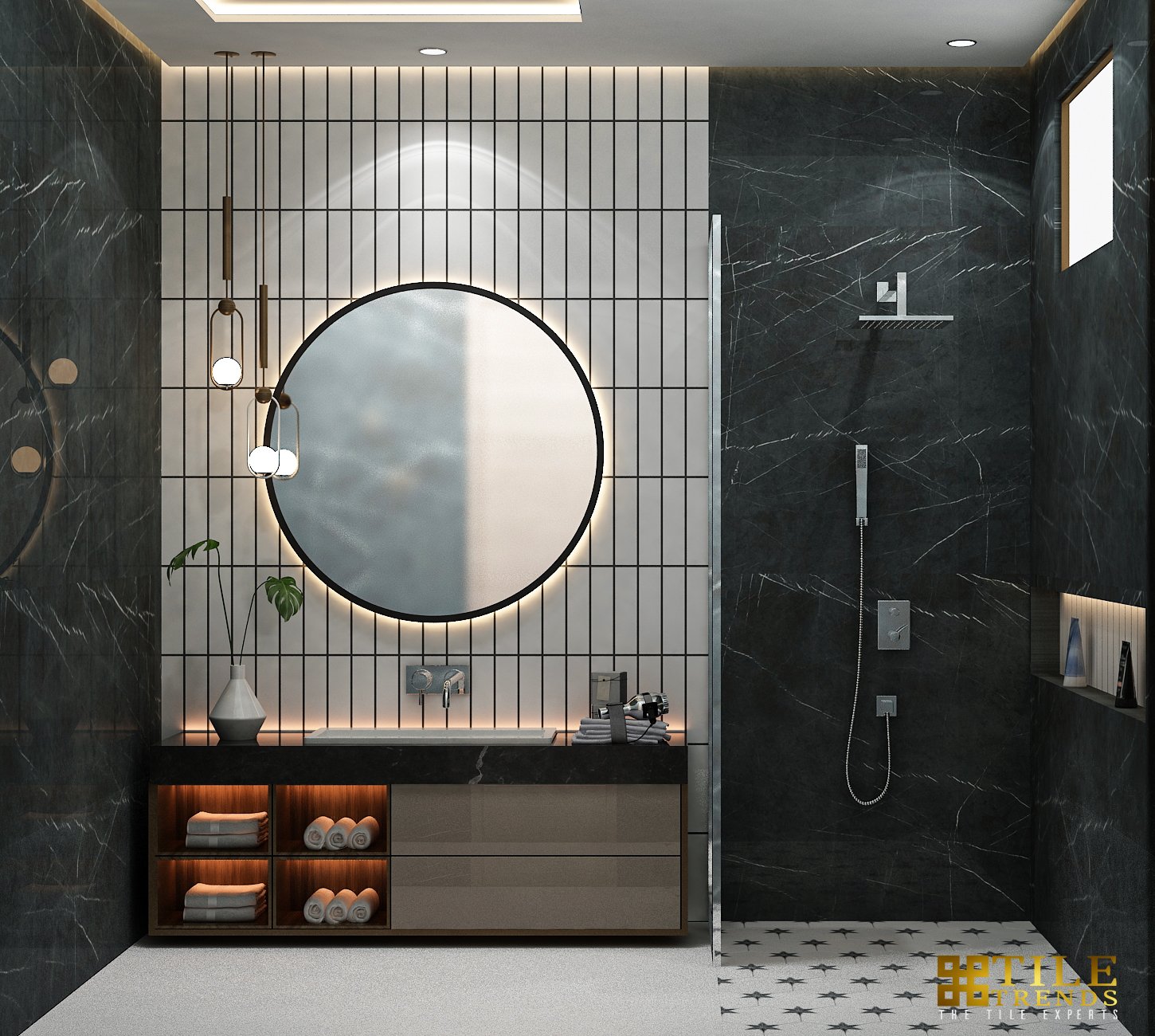 Dark marble bathroom interior