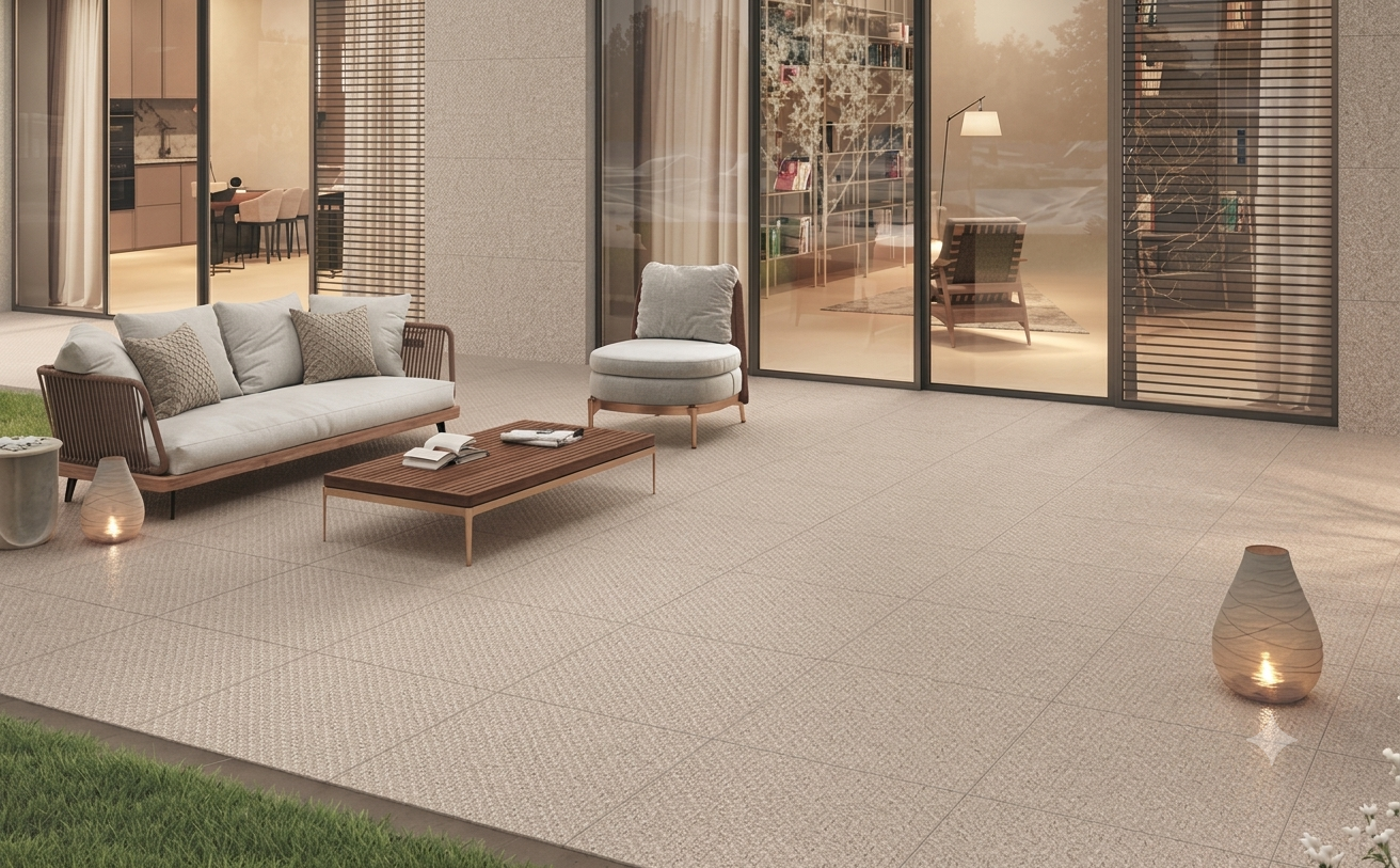Living room with warm stone surfaces