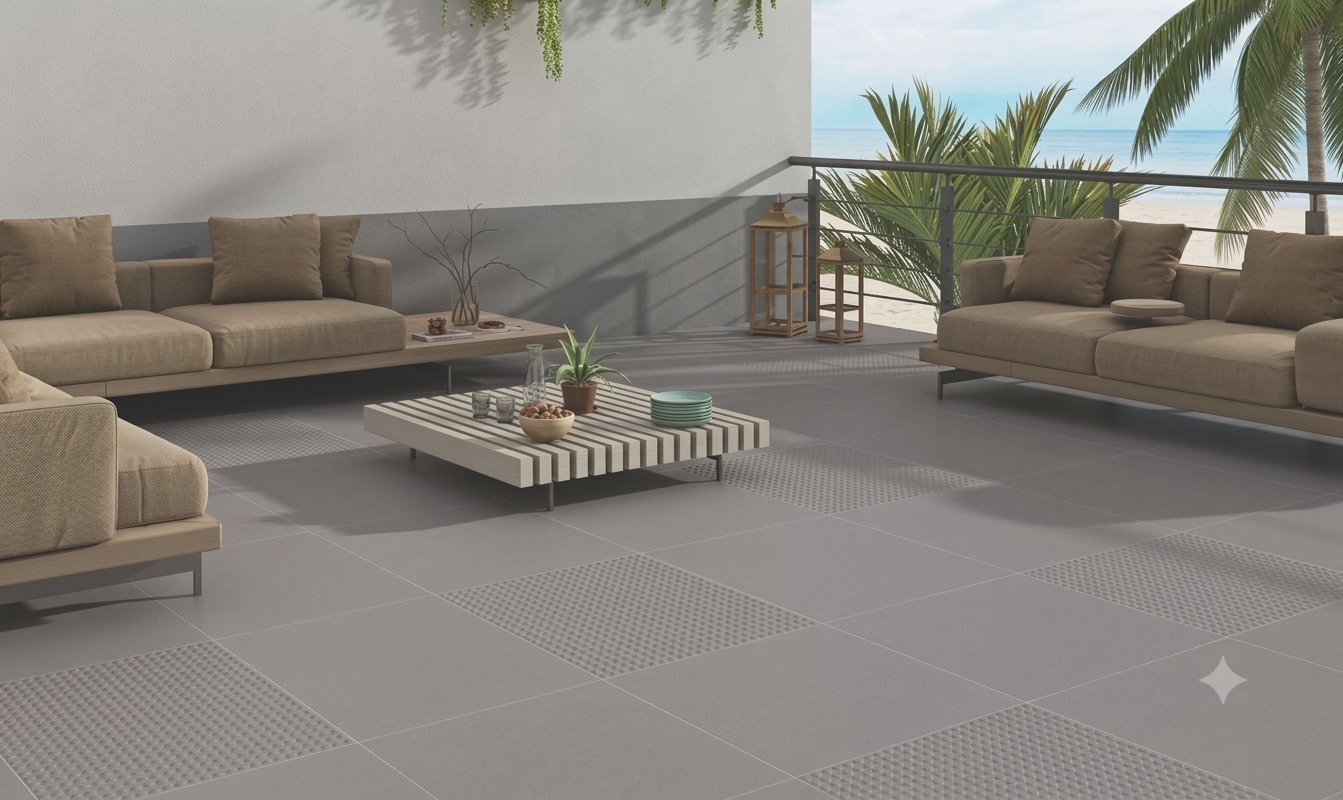 Outdoor lobby with architectural tile surfaces
